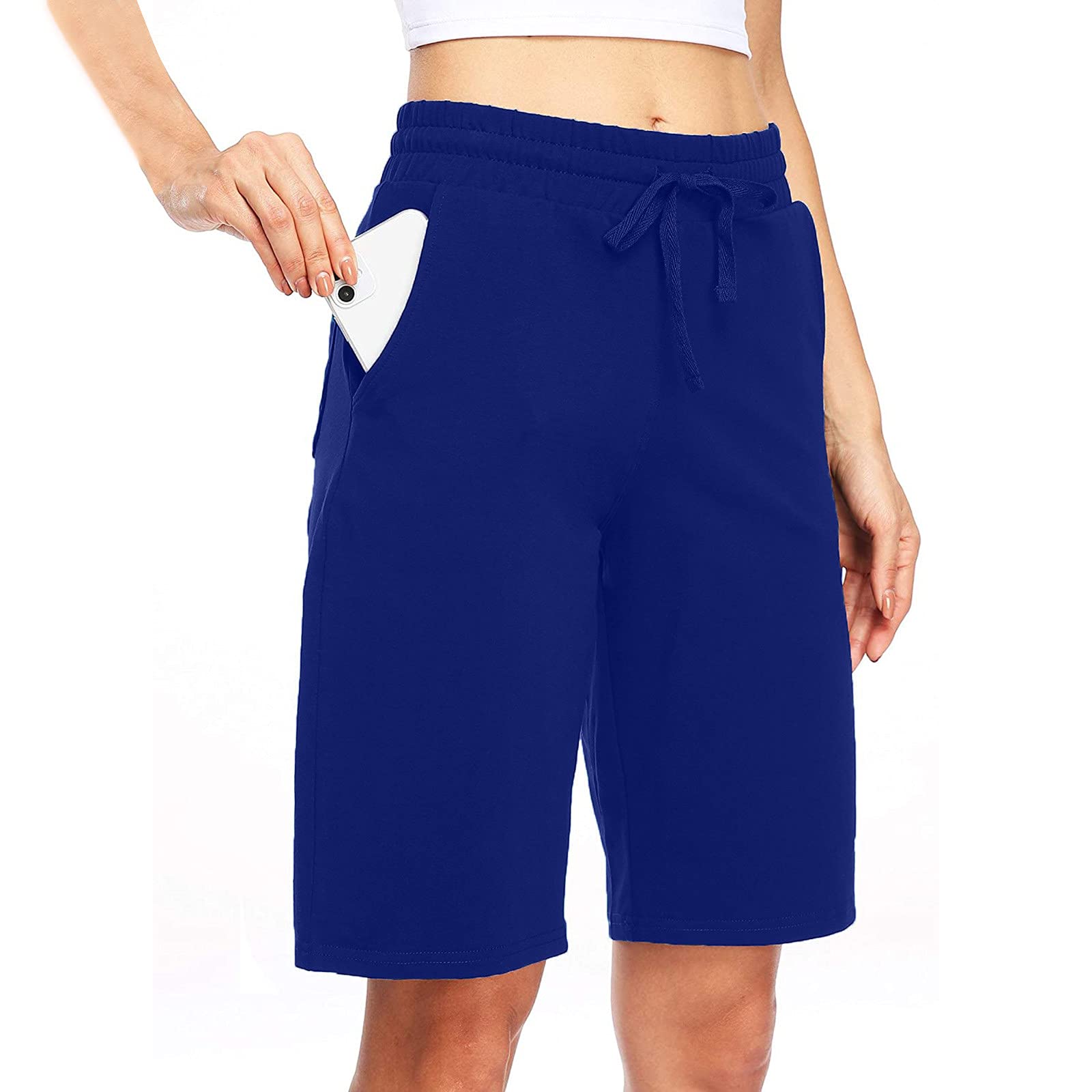 Bravetoshop Women's Athletic Shorts Workout Yoga Shorts Casual Summer Elastic Waist Knee Length Shorts with Pockets (Dark Blue,XXL)