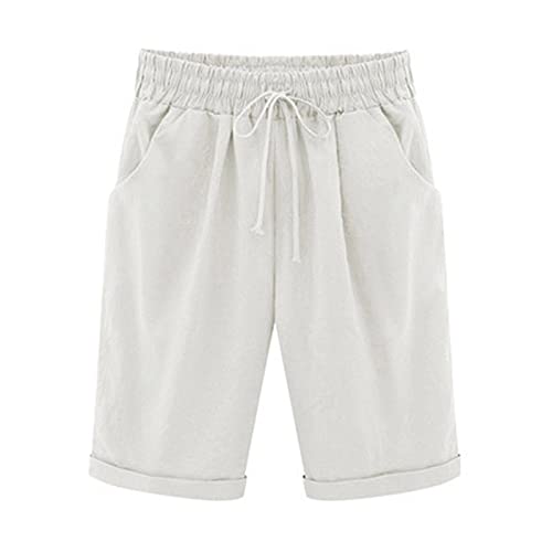 Bravetoshop Women's Cotton Linen Shorts Comfy Casual Elastic Waist Simple Shorts Outdoor Travel Home Wear Shorts (White,XXXXL)