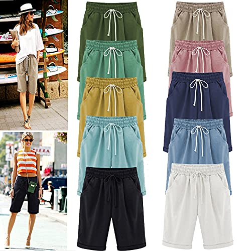 Bravetoshop Women's Cotton Linen Shorts Comfy Casual Elastic Waist Simple Shorts Outdoor Travel Home Wear Shorts (White,XXXXL)