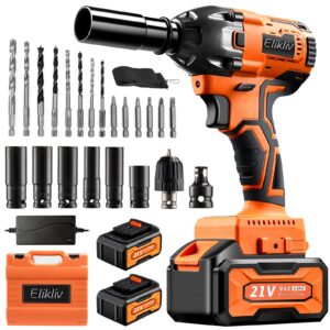 elikliv cordless impact wrench 1/2", 21v 4.0ah 380nm power impact gun with 2pcs battery, charger, 6pcs sockets, 14pcs driver and drill bits - 3800 rpm impact driver for car (most japanese cars)