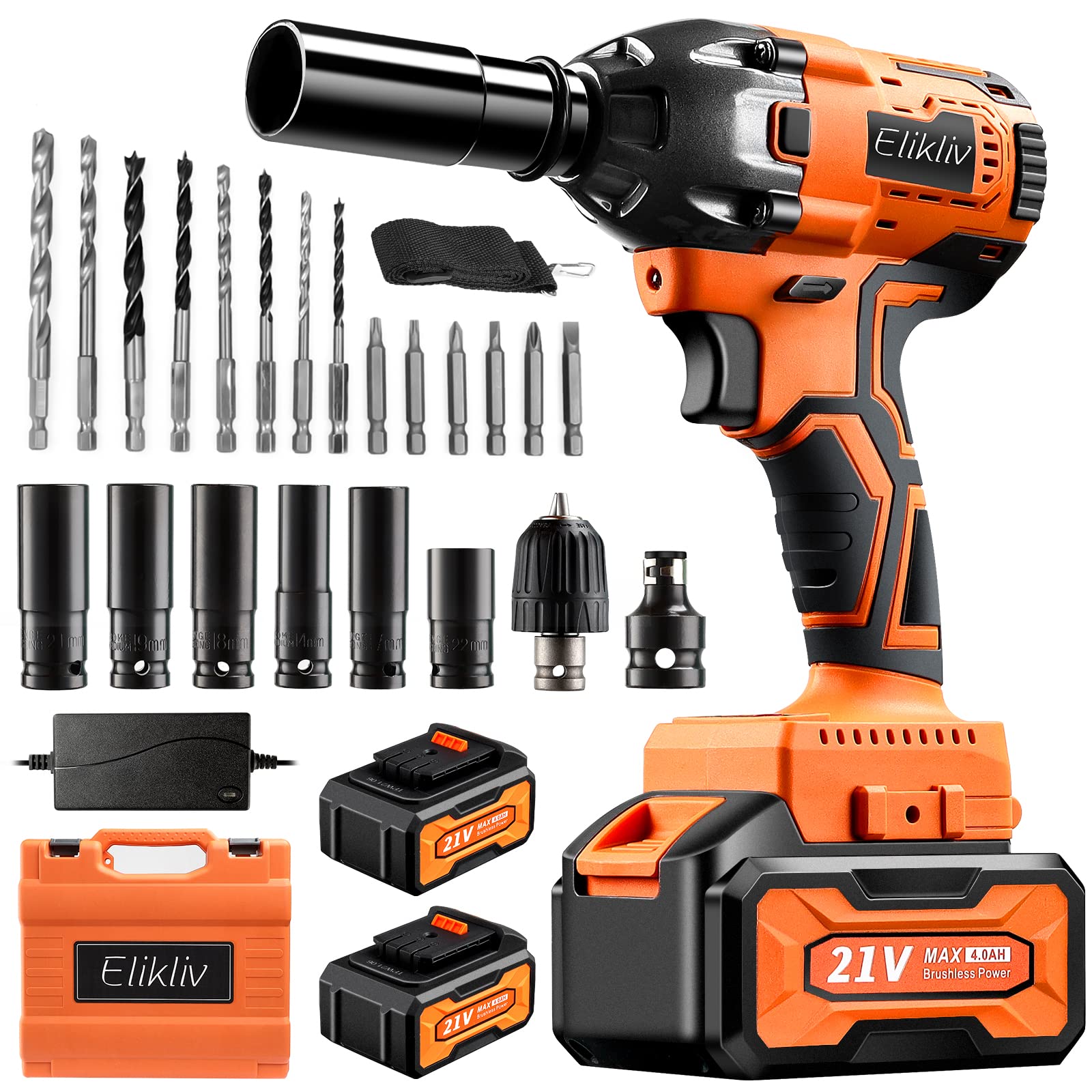 Elikliv Cordless Impact Wrench 1/2", 21V 4.0Ah 380Nm Power Impact Gun with 2pcs Battery, Charger, 6pcs Sockets, 14pcs Driver and Drill Bits - 3800 RPM Impact Driver for Car (Most Japanese Cars)