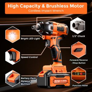 Elikliv Cordless Impact Wrench 1/2", 21V 4.0Ah 380Nm Power Impact Gun with 2pcs Battery, Charger, 6pcs Sockets, 14pcs Driver and Drill Bits - 3800 RPM Impact Driver for Car (Most Japanese Cars)