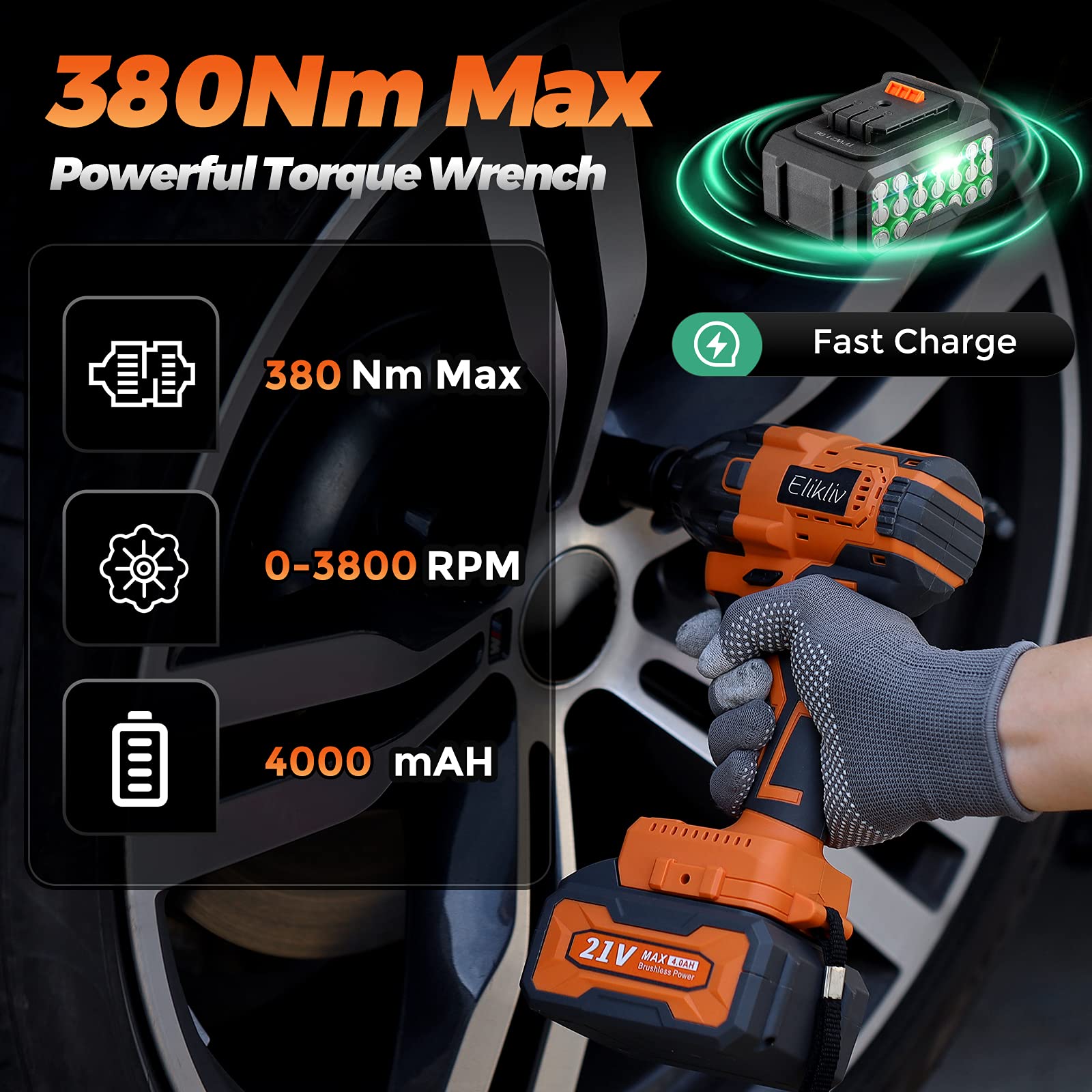 Elikliv Cordless Impact Wrench 1/2", 21V 4.0Ah 380Nm Power Impact Gun with 2pcs Battery, Charger, 6pcs Sockets, 14pcs Driver and Drill Bits - 3800 RPM Impact Driver for Car (Most Japanese Cars)