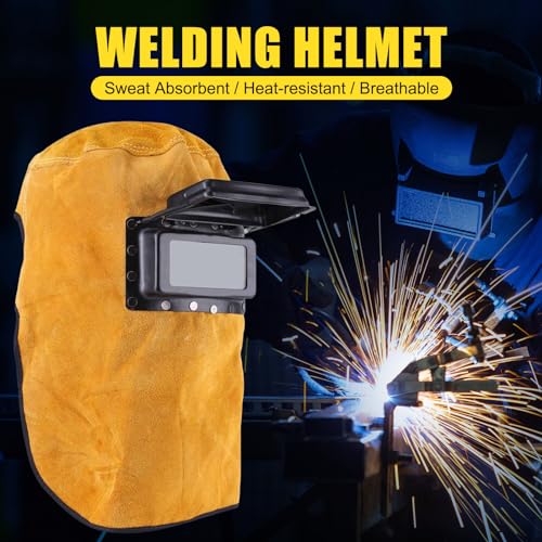 EVTSCAN Split Cowhide Leather Welding Helmet, with Flip-Up Lens, Adjustable Headgear, Flame Resistant Split Grain Leather Welding Hood for MIG, TIG and Arc Welding