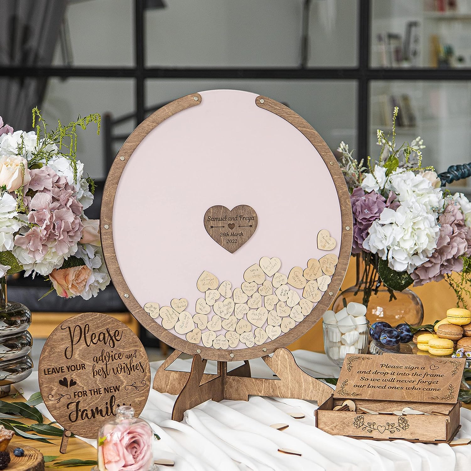 Wedding Guest Book Alternative | Guest Book Frame | Circle Frame Guest Book | Drop Top Frame from 200 hearts | Wooden Drop Box | Rustic Wedding Decor | Customize central part