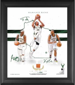 milwaukee bucks framed 15" x 17" 2020-21 franchise foundations collage with a piece of game used basketball - limited edition of 414 - nba game used basketball collages