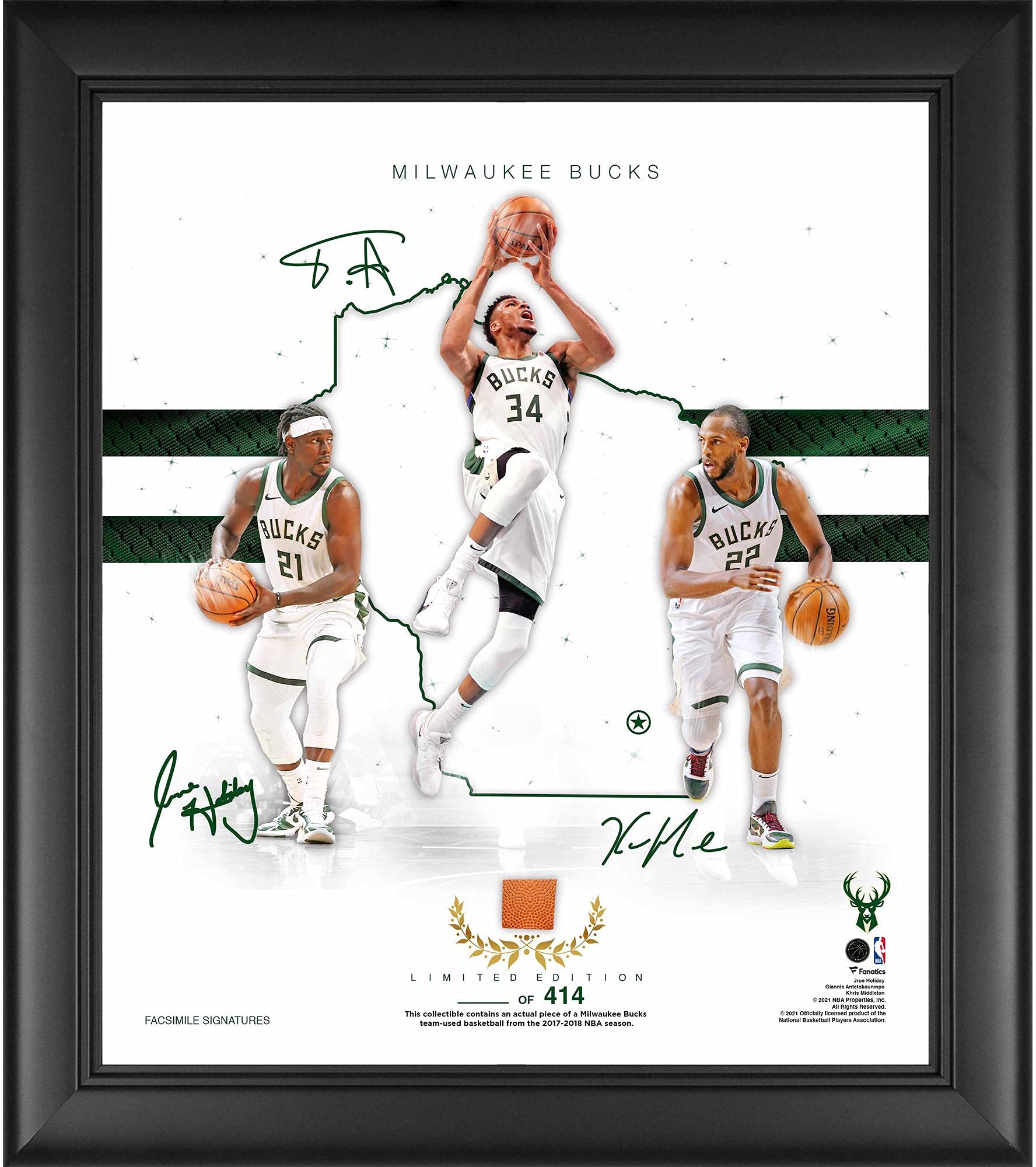 Milwaukee Bucks Framed 15" x 17" 2020-21 Franchise Foundations Collage with a Piece of Game Used Basketball - Limited Edition of 414 - NBA Game Used Basketball Collages