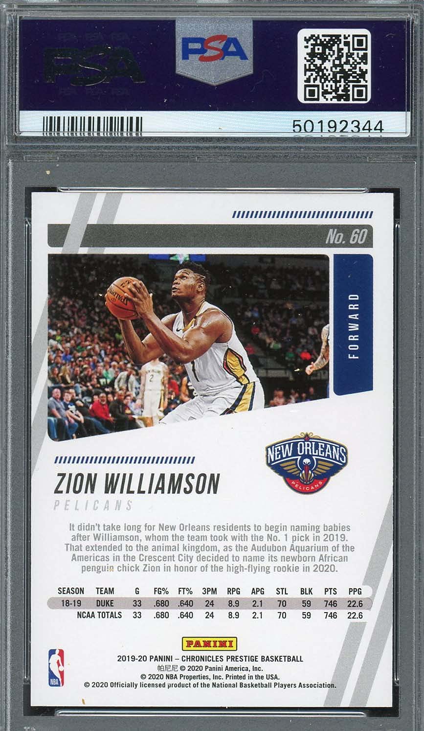 Zion Williamson 2019 Panini Chronicles Basketball Rookie Card RC #60 Graded PSA 10 GEM MINT