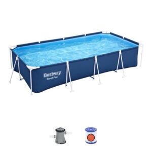 bestway steel pro 13 foot x 32 inch rectangular above ground outdoor pool steel framed vinyl swimming pool with 1,506 gallon water capacity, blue