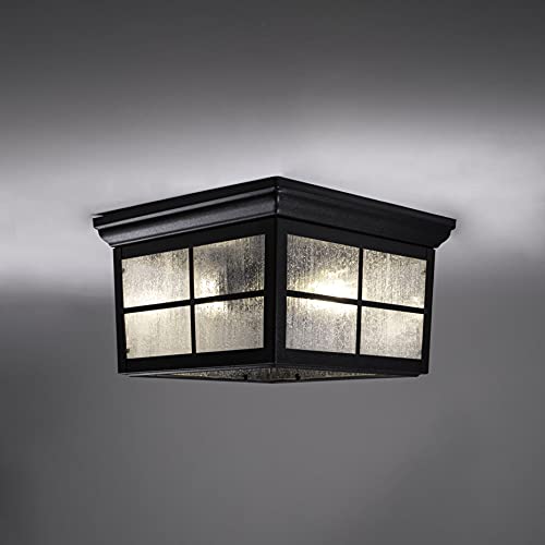 CORAMDEO French Pane Square 2 Light Ceiling Mount Farmhouse Fixture, Indoor or Outdoor, Two Standard Sockets, Open Bottom, Damp Location, Black Powder Coat Finish with Seedy Glass