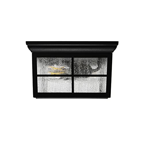 CORAMDEO French Pane Square 2 Light Ceiling Mount Farmhouse Fixture, Indoor or Outdoor, Two Standard Sockets, Open Bottom, Damp Location, Black Powder Coat Finish with Seedy Glass