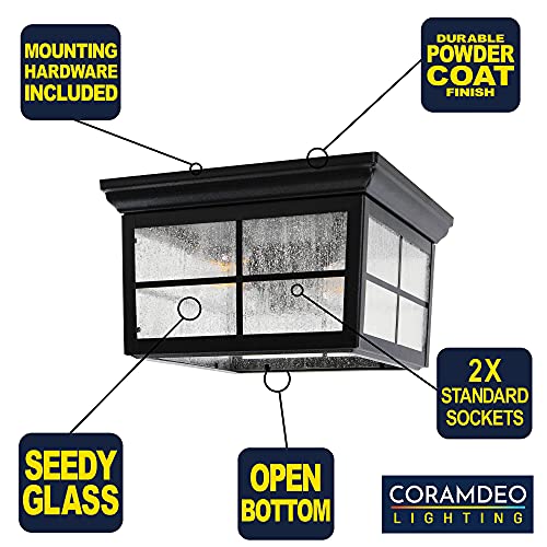 CORAMDEO French Pane Square 2 Light Ceiling Mount Farmhouse Fixture, Indoor or Outdoor, Two Standard Sockets, Open Bottom, Damp Location, Black Powder Coat Finish with Seedy Glass