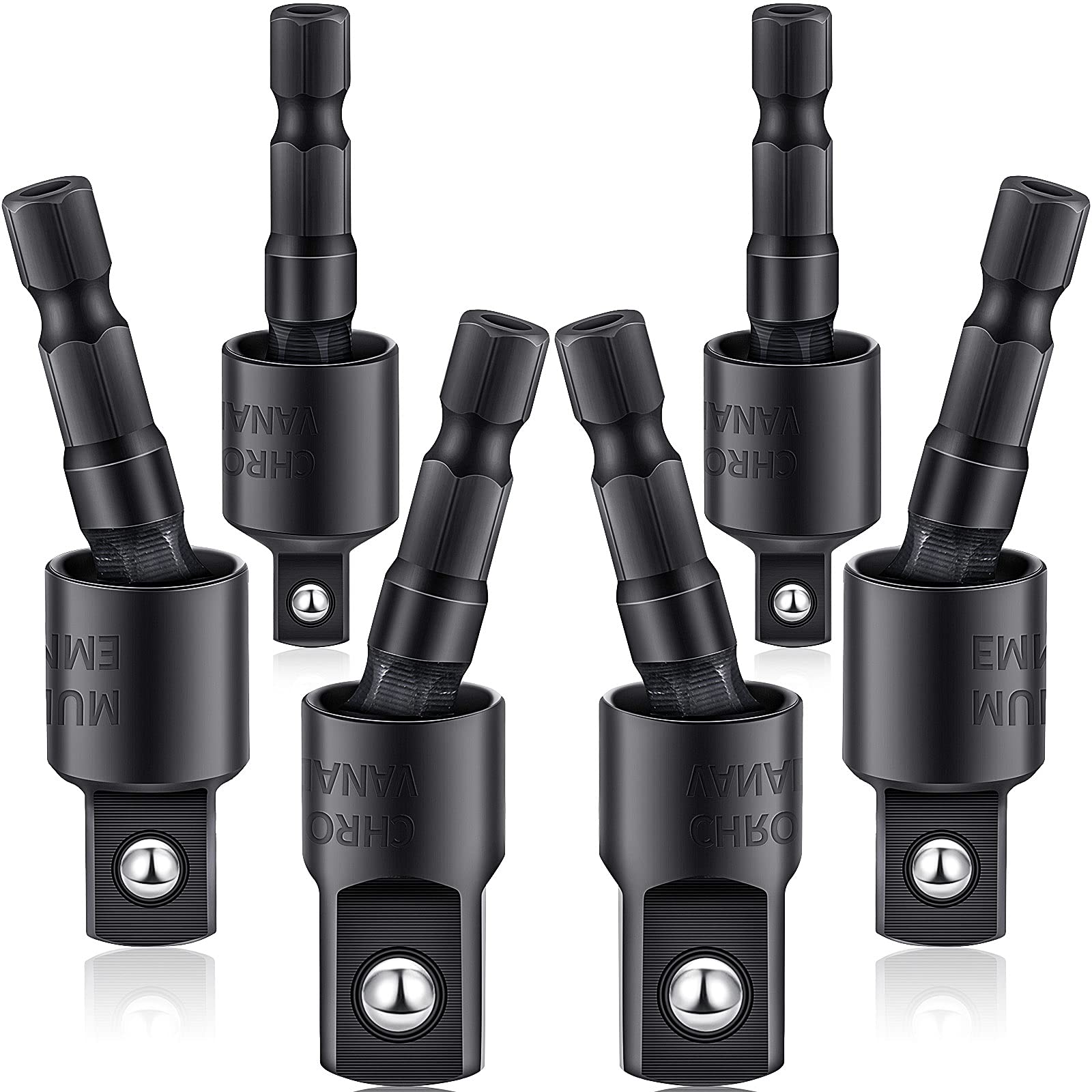 Honoson Power Drill Sockets Adapter Set Impact Driver Wobble Socket Adapter 360 Degree Rotatable Hex Shank Impact Driver Socket Adapter Drill Bits Adapter 1/4 Inch 3/8 Inch 1/2 Inch, Black (6)