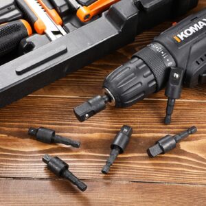 Honoson Power Drill Sockets Adapter Set Impact Driver Wobble Socket Adapter 360 Degree Rotatable Hex Shank Impact Driver Socket Adapter Drill Bits Adapter 1/4 Inch 3/8 Inch 1/2 Inch, Black (6)