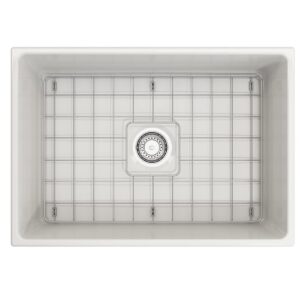 BOCCHI Stainless Steel 27 in. 1356/1357 Farmhouse Apron Front Fireclay Single Bowl Kitchen Sink Grid