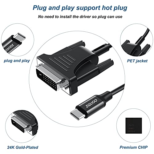 ZQUOO USB C to DVI Cable Adapter, 4K@30Hz, 6.5FT Thunderbolt 3 Type C to DVI(24+1) Male Cable Compatible with MacBook Pro, Dell XPS 13, Surface Book 2, Galaxy S10 and More