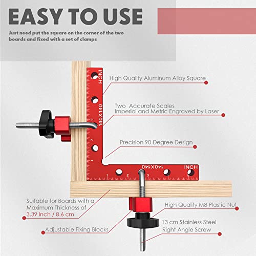 Upgrade Relitec R 90 Degree Corner clamp, clamping square, Right Angle Clamp, Positioning Squares 4 Aluminum Alloy Squares (14cm/5.5")+ 8 Clamps Woodworking Tools for Frame Cabinet