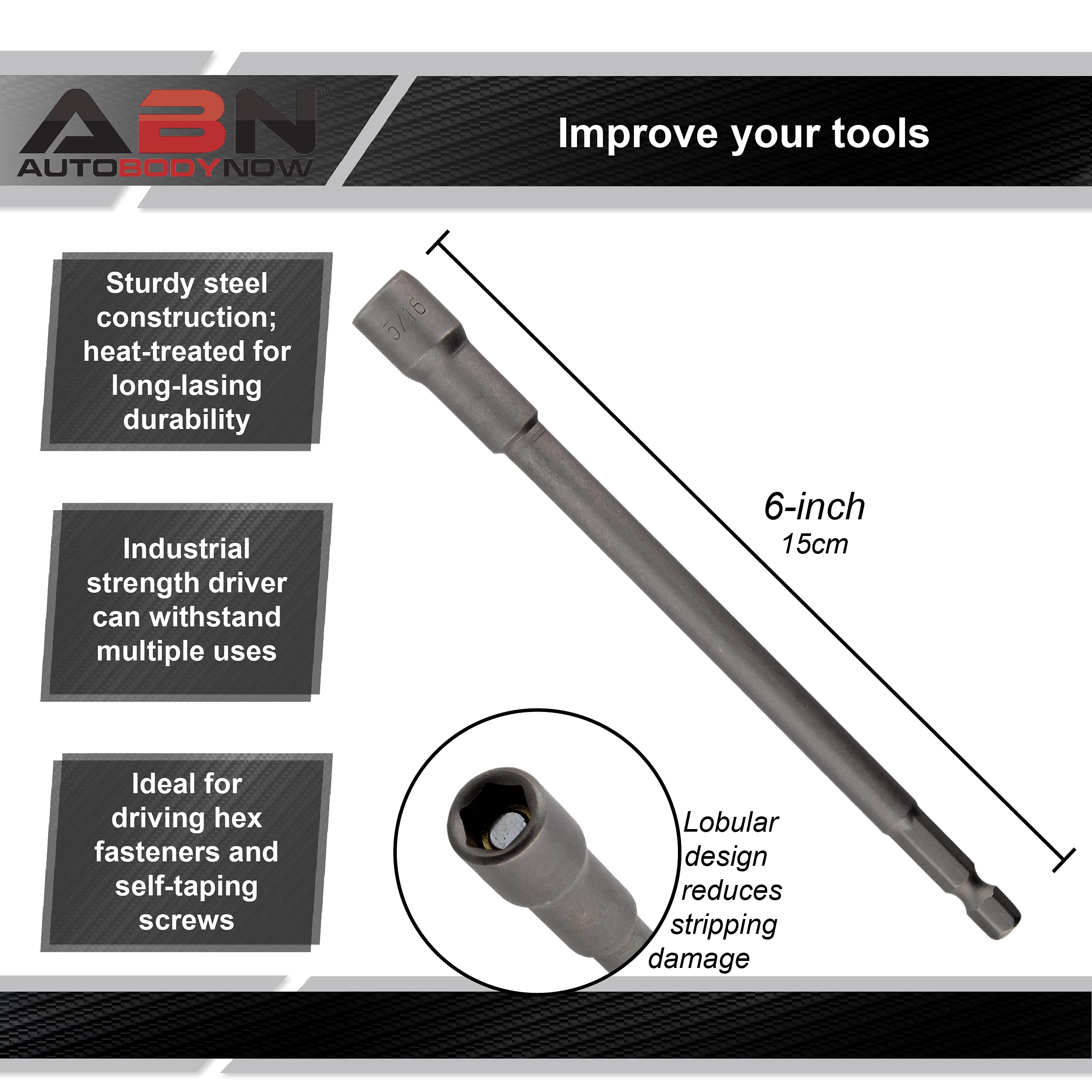 ABN Nut Driver Bit Set - 5/16in Hex Nut Driver Set Industrial Strength Magnet 10pc Impact Driver Magnetic Nut Driver Set