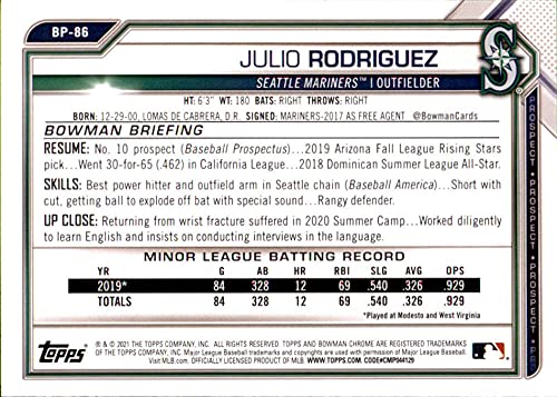 2021 Bowman Prospects #BP-86 Julio Rodriguez Seattle Mariners MLB Baseball Card NM-MT