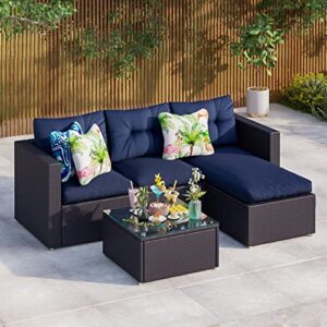 mfstudio outdoor patio furniture sets,all-weather outdoor sectional sofa set,small rattan patio conversation set with cushion&coffee table(navy blue)