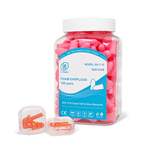 LYSIAN Slim Size Foam Ear Plugs for Noise Reduction Small Ear Women, Kids-35dB SNR Noise Canceling Earplugs for Sleeping, Snoring, Work, Shooting, Study Loud Noise, Pink-100 Pairs,