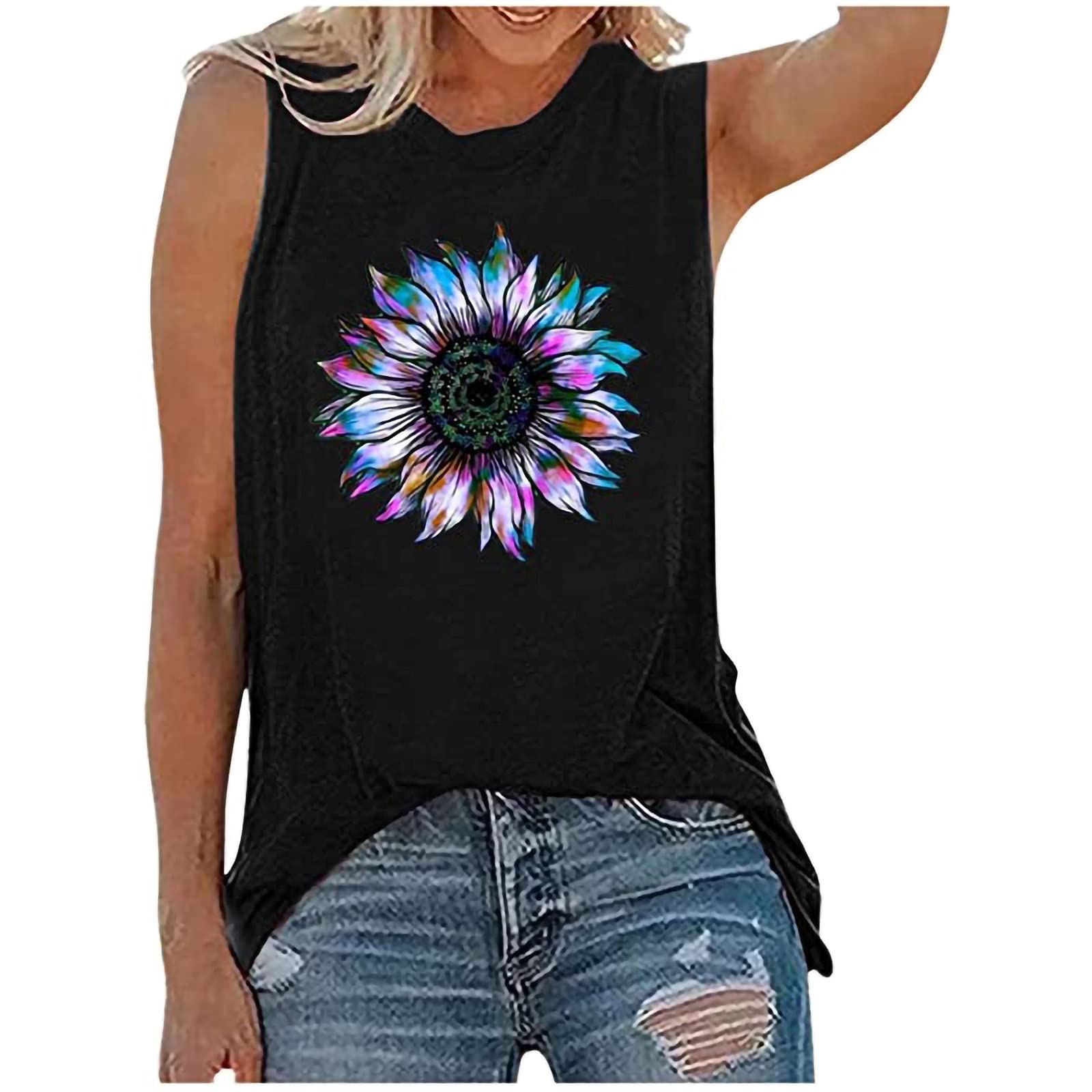 Bravetoshop Women's Tank Tops Summer Casual Sleeveless Sunflower Graphic Tshirts Workout Shirts Loose Fit Blouses (D-Black,S)