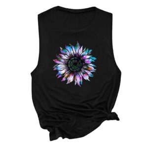 Bravetoshop Women's Tank Tops Summer Casual Sleeveless Sunflower Graphic Tshirts Workout Shirts Loose Fit Blouses (D-Black,S)