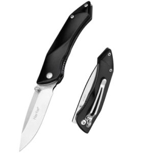 black folding pocket knife, 8cr13mov stainless steel blade, lightweight aluminum handle, safety liner-lock, belt clip, perfect for camping, hunting, hiking, and every day carry