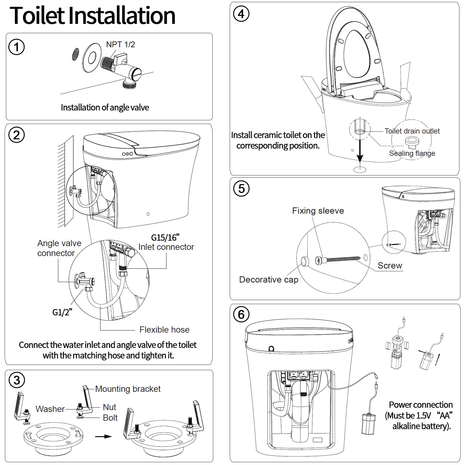 R&T Tankless Smart Toilet Touchless Auto Flush 1.28-GPF Battery-Operated One-Piece HET Intelligent Toilet for Bathroom