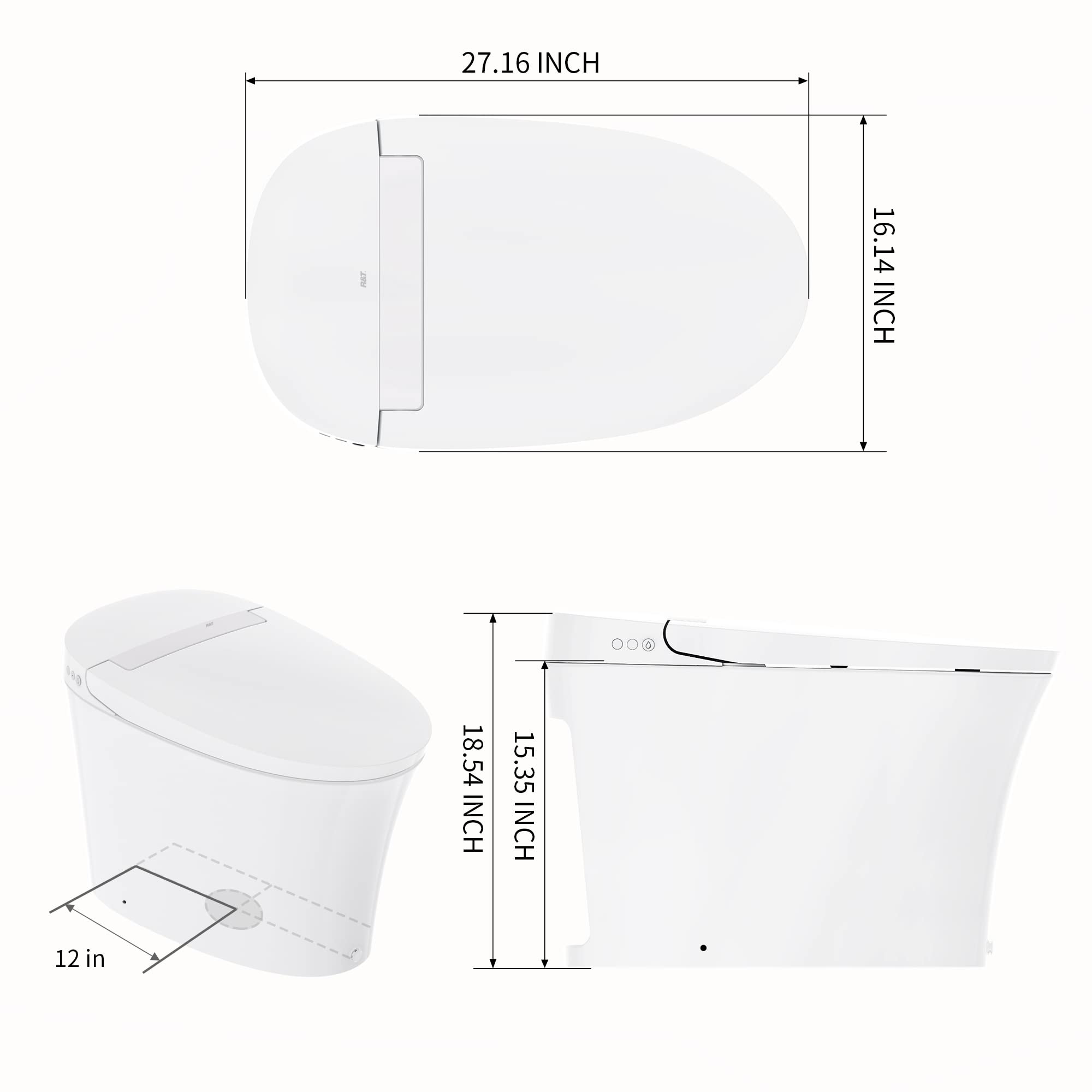 R&T Tankless Smart Toilet Touchless Auto Flush 1.28-GPF Battery-Operated One-Piece HET Intelligent Toilet for Bathroom