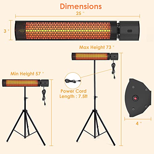 Outdoor heaters for patio, Infrared electric heater with Tripod & Remote control, 1500W -Space Heater with Tip-over Over-heat Protection, IPX5, Wall-mounted For Garage Backyard