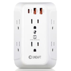 20w multiple plug outlet, unidapt 6 way surge protector outlet, 6 ac and 3 usb ports, (1 usb c, 20w pd, 2 usb a qc 3.0) usb wall charger, 1800j power strip, multi plug outlet with usb ports etl listed