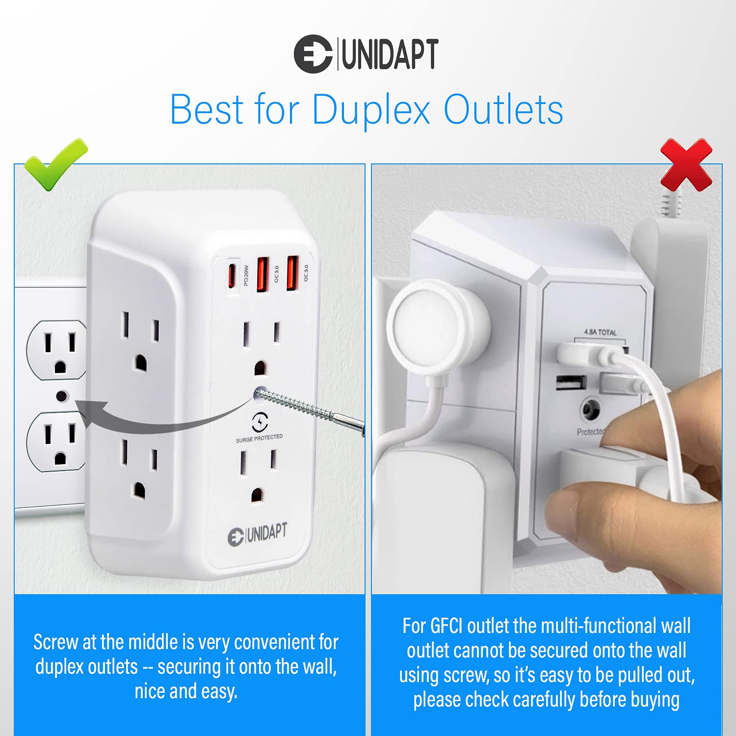 20W Multiple Plug Outlet, Unidapt 6 Way Surge Protector Outlet, 6 AC and 3 USB Ports, (1 USB C, 20W PD, 2 USB A QC 3.0) USB Wall Charger, 1800J Power Strip, Multi Plug Outlet with USB Ports ETL Listed