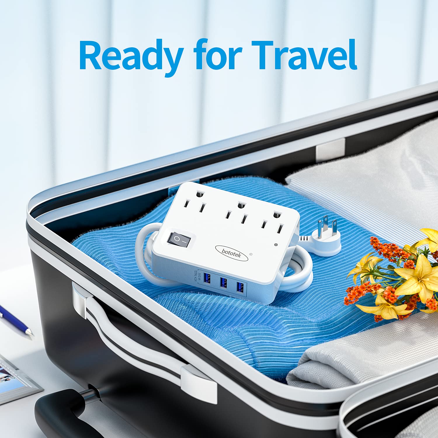Power Strip, Bototek Extension Cord with 3 Widely Outlets 3 USB Ports, Flat Plug, 4Ft Desk USB Charging Station for Dorm Room Home and Cruise Ship Essentials Travel