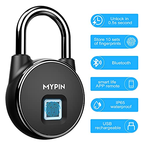 Fingerprint Padlock, Smart Keyless Bluetooth Lock APP/Fingerprint Unlock Anti-Theft Door Luggage Case Lock for Android iOS System Suitable for Gym, Backpack, School, Fence and Storage