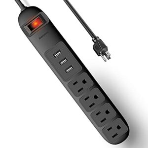 power strip surge protector with 4 ac outlets & 3 usb ports, manymax 6 ft extension cord, 1050j surge protection, overload protection (125v/15a/1875w), wall mount for home, office, dorm-black (1 pack)