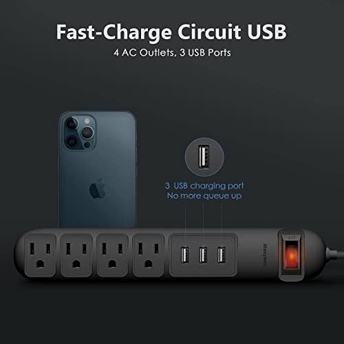 Power Strip Surge Protector with 4 AC Outlets & 3 USB Ports, Manymax 6 Ft Extension Cord, 1050J Surge Protection, Overload Protection (125V/15A/1875W), Wall Mount for Home, Office, Dorm-Black (1 Pack)
