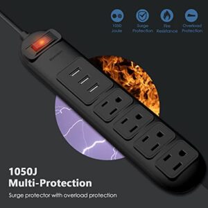 Power Strip Surge Protector with 4 AC Outlets & 3 USB Ports, Manymax 6 Ft Extension Cord, 1050J Surge Protection, Overload Protection (125V/15A/1875W), Wall Mount for Home, Office, Dorm-Black (1 Pack)