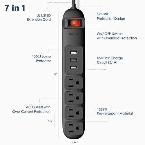 Power Strip Surge Protector with 4 AC Outlets & 3 USB Ports, Manymax 6 Ft Extension Cord, 1050J Surge Protection, Overload Protection (125V/15A/1875W), Wall Mount for Home, Office, Dorm-Black (1 Pack)