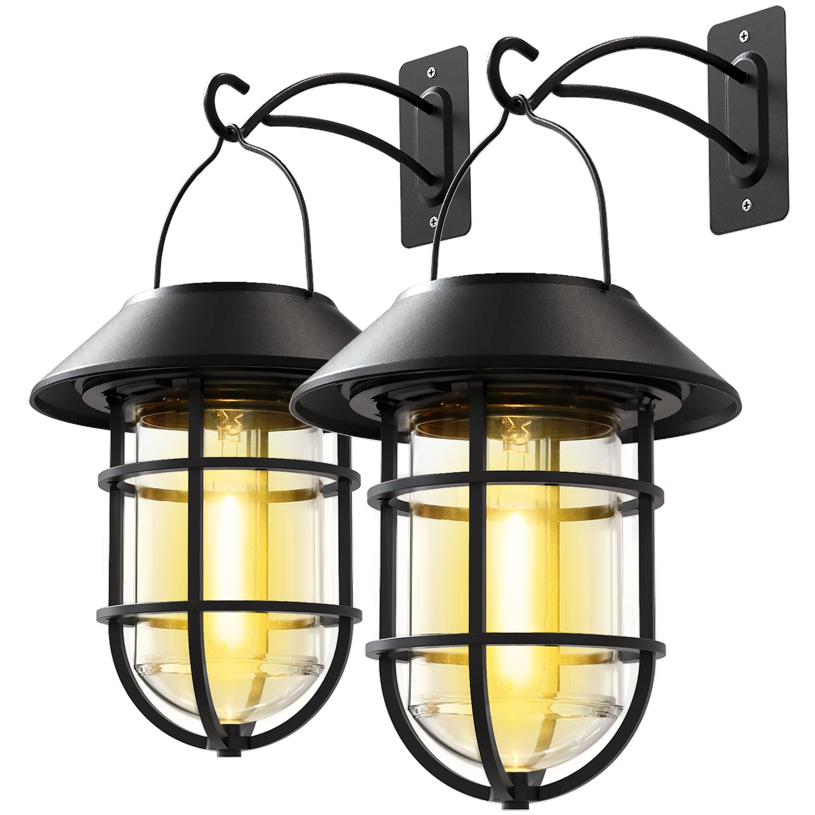 Solar Lantern Outdoor Hanging Solar Lights, Waterproof Metal Solar Outdoor Lights with Clear Glass, LED Edison Bulbs Decorative Wall Lantern with Hooks, No Wiring Required, 2 Pack