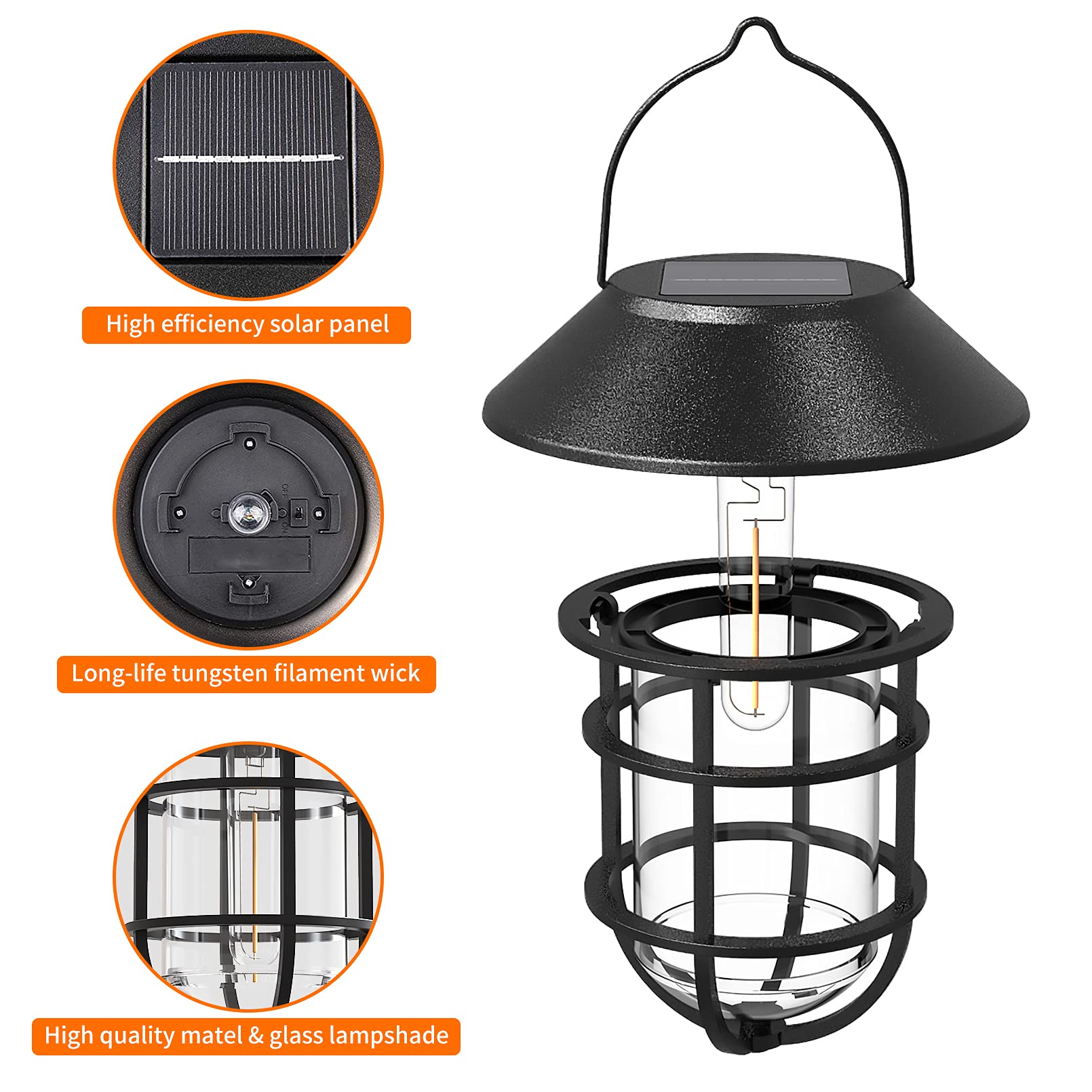 Solar Lantern Outdoor Hanging Solar Lights, Waterproof Metal Solar Outdoor Lights with Clear Glass, LED Edison Bulbs Decorative Wall Lantern with Hooks, No Wiring Required, 2 Pack