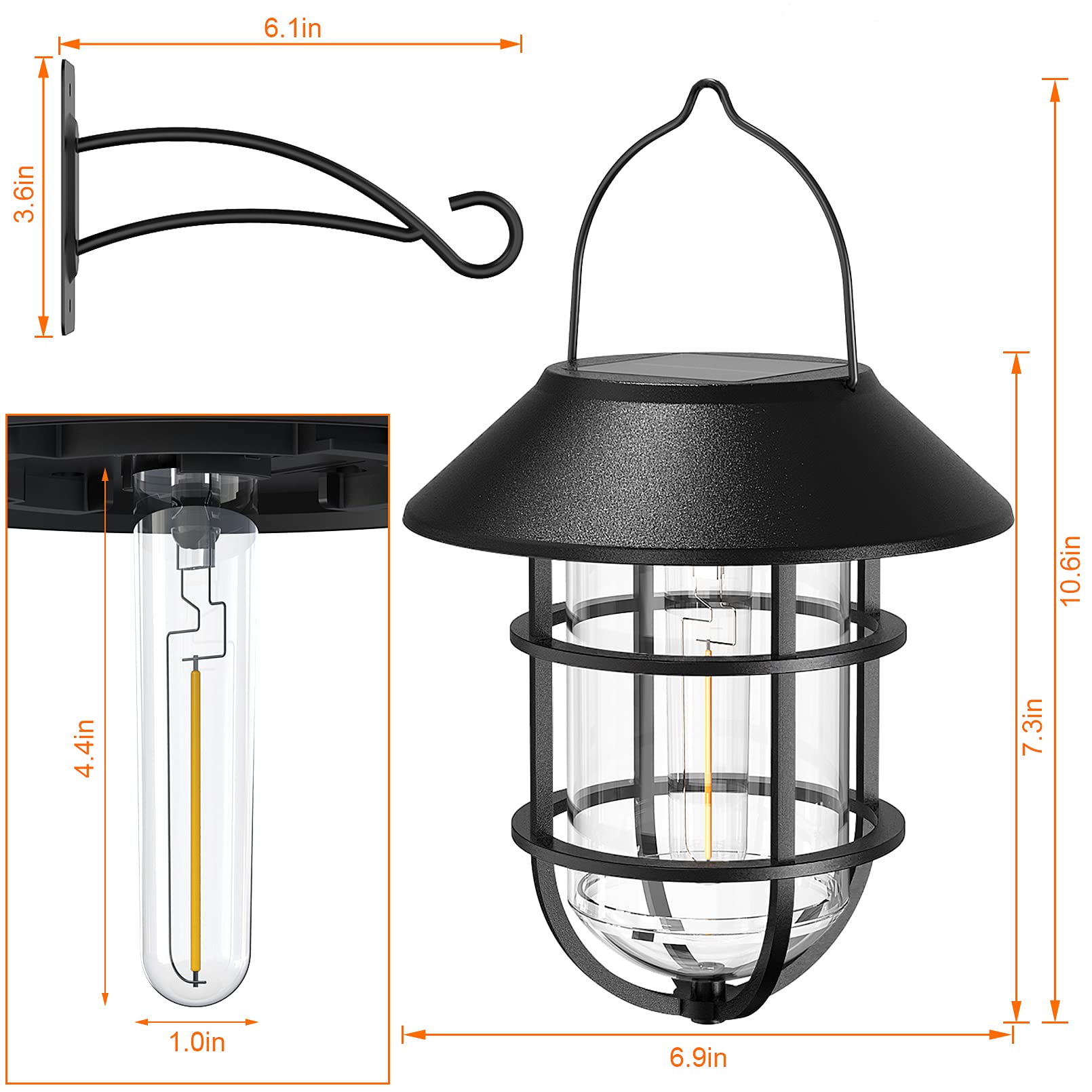 Solar Lantern Outdoor Hanging Solar Lights, Waterproof Metal Solar Outdoor Lights with Clear Glass, LED Edison Bulbs Decorative Wall Lantern with Hooks, No Wiring Required, 2 Pack