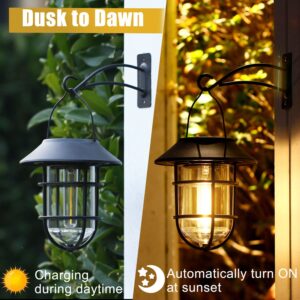 Solar Lantern Outdoor Hanging Solar Lights, Waterproof Metal Solar Outdoor Lights with Clear Glass, LED Edison Bulbs Decorative Wall Lantern with Hooks, No Wiring Required, 2 Pack