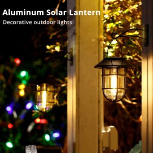 Solar Lantern Outdoor Hanging Solar Lights, Waterproof Metal Solar Outdoor Lights with Clear Glass, LED Edison Bulbs Decorative Wall Lantern with Hooks, No Wiring Required, 2 Pack