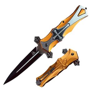 8" folding tactical style templar knight cross folding knife, pocket knife for fishing, camping, daily uses for open box, cut rope (gold-440)