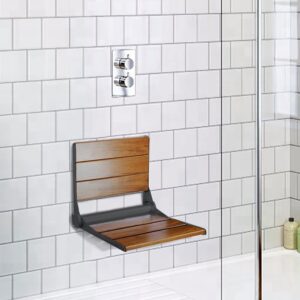 Home Aesthetics 18" ADA Compliant Wall-Mounted Folding Serena Teak Wood Shower Bench Seat with Matte Black Frame, Clear Coated for Extra Protection