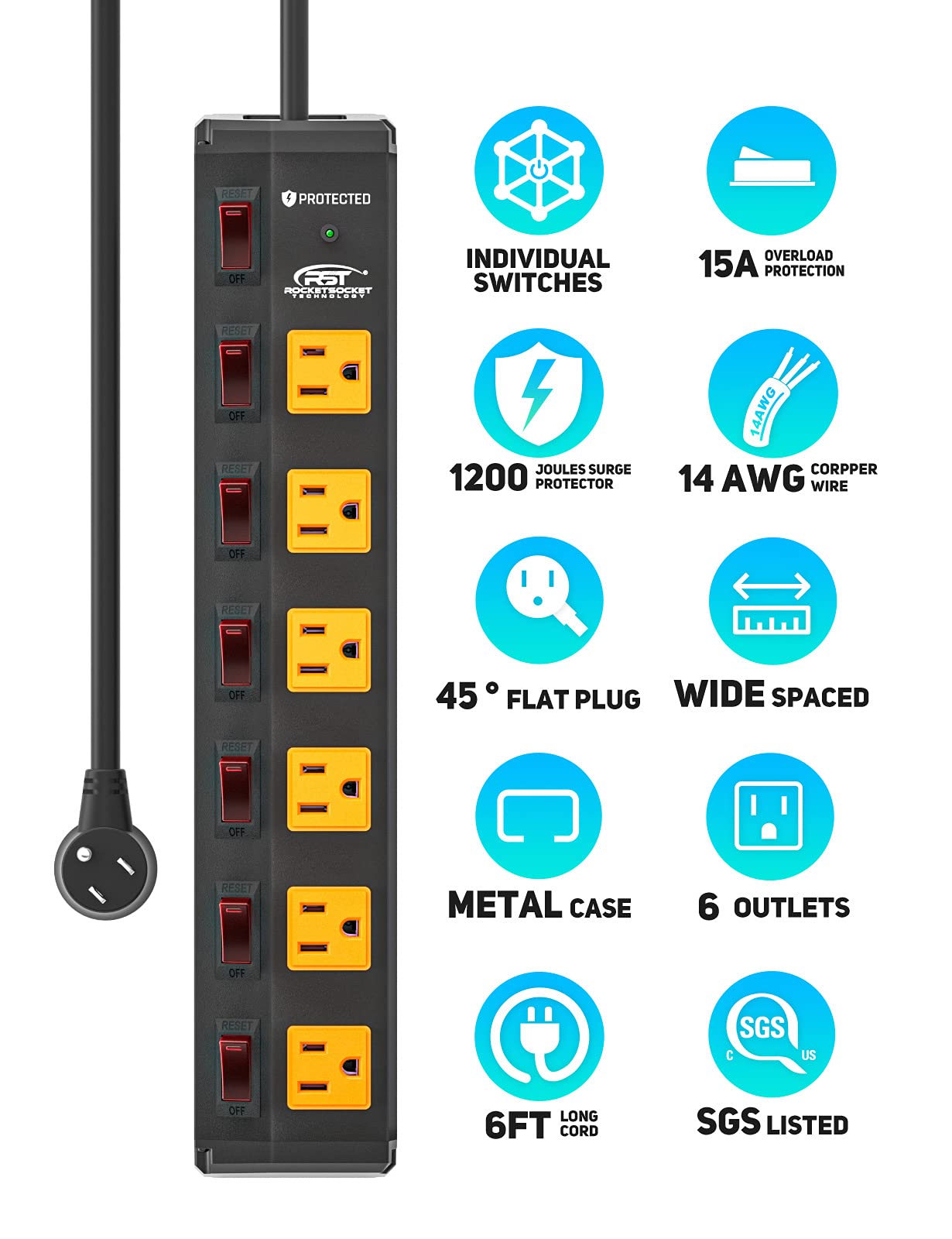 CRST 6 Outlet Heavy Duty Power Strip with Individual Switches, 15A/1875W Moutable Metal Power Strip Surge Protector with Circuit Breaker (1200 Joules), 6 FT 14AWG Extension Cord