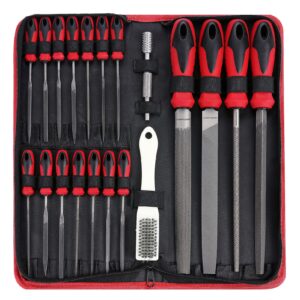 57pcs metal & wood file rasp set,grade t12 forged alloy steel, half-round/round/triangle/flat 4pcs large tools, 14pcs needle files and a pair of electric files, a brush and 36pcs emery papers