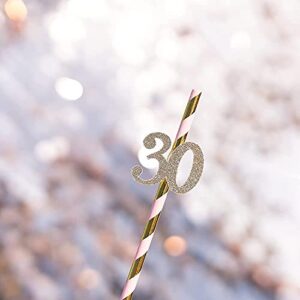 30th Birthday Decor Paper Straws – Metallic Rose Gold & Blush Reusable Straws – Party Straws for Birthday Decorations – Glitter Straws w/Cut-Out Number 30 – Set of 10