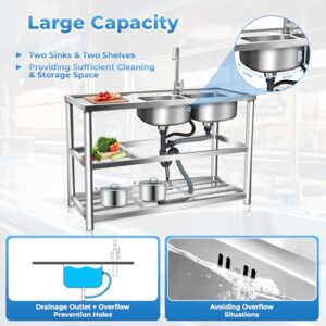 Utility Sink, 2 Compartment Stainless Steel Commercial Kitchen Prep & Utility Sink with Drainboard - Expanded Size 47" x 33" x 17"